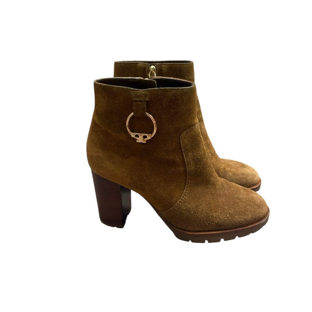 Tory Burch Sofia Logo Ring High Heel Ankle Suede Leather Booties Shoes Brown - Picture 2 of 8